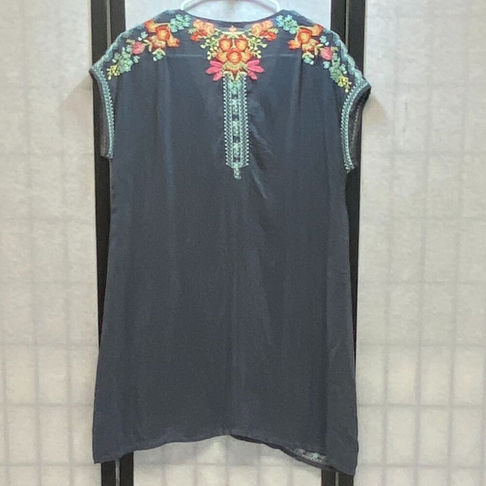 Johnny Was Blue Grey Heidi S Cap Sleeve V Neck Embroidered Sheer Tunic Kaftan - Picture 2 of 13